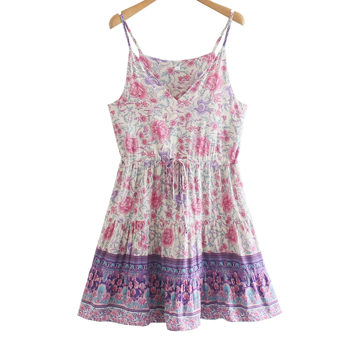

Jastie Sexy Floral Print Sling Mini Dress V-Neck Sleeveless Lace-up Pleated Hem Vestidos Hot Lady Beach Dresses Female Summer