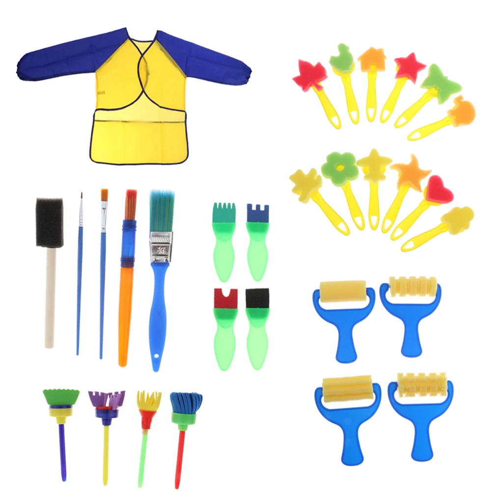 

30/set Kids Crafts Art Sponge Brushes with Painting Apron Tool Kits Fun Toys