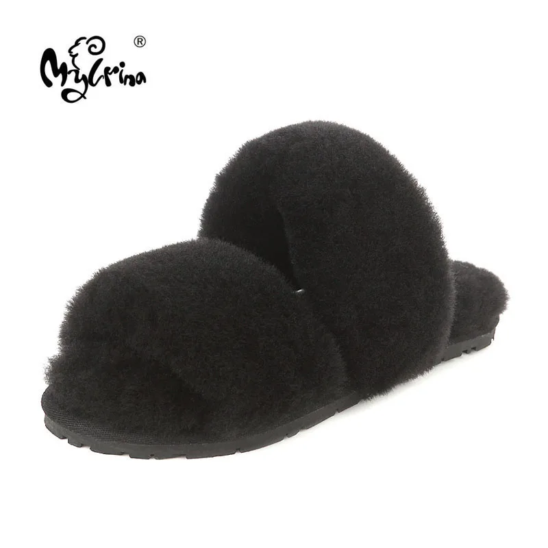 100% Натуральная Овчина зимние теплые меховые тапочки женская домашняя обувь