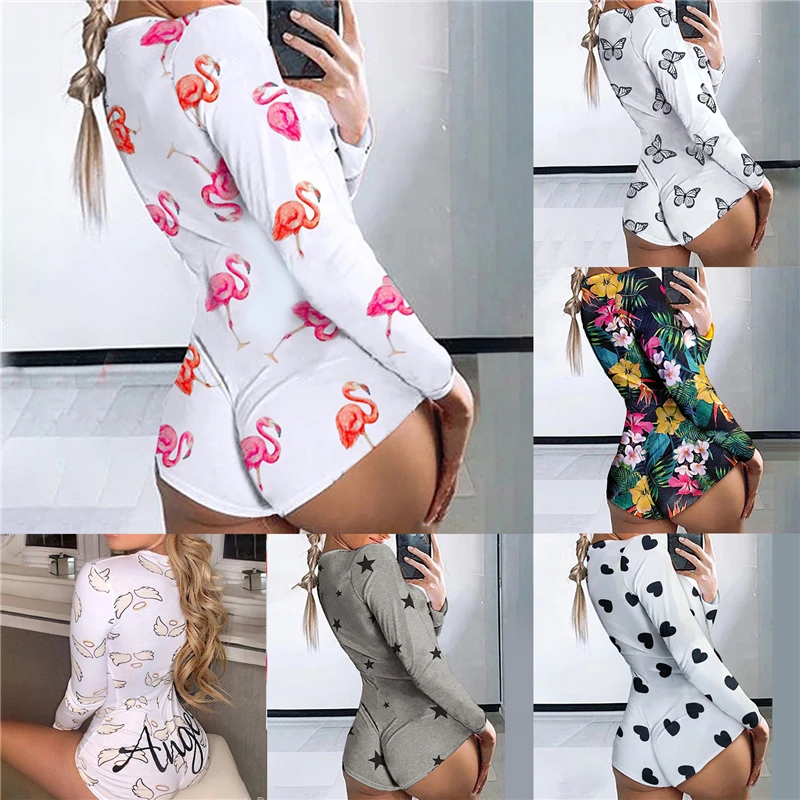 

Spring Autumn Casual Women Playsuits Flamingo Butterfly Jumpsuit Sexy Ladies Bodysuit Long Sleeve V-neck Home Women Bodycon