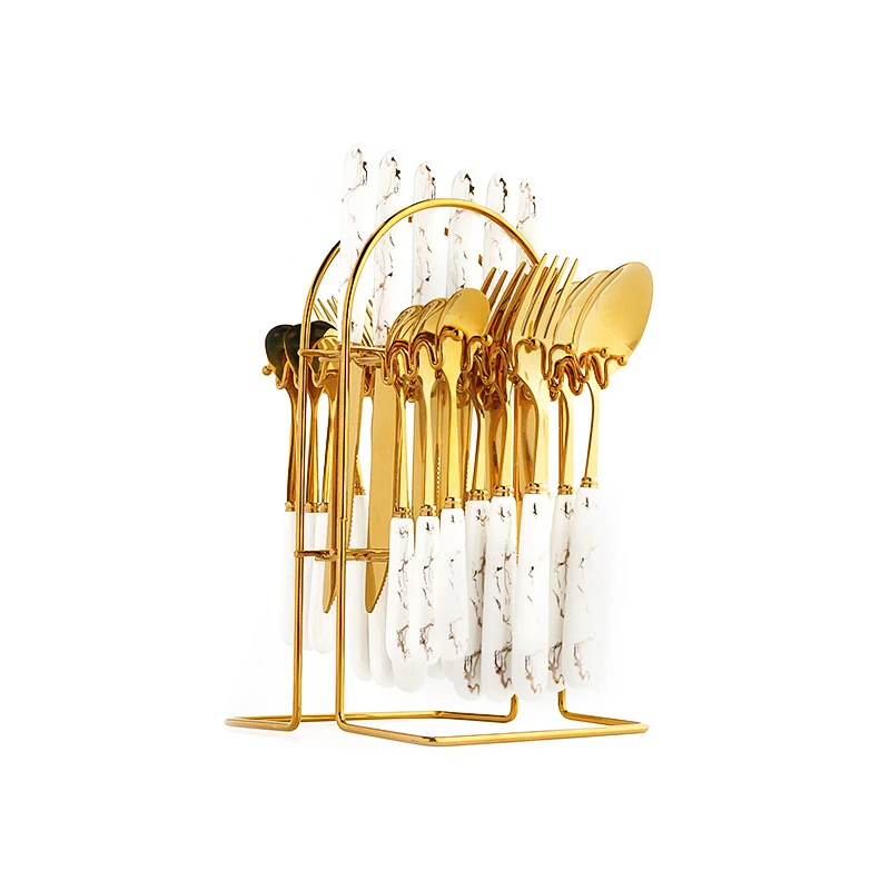 

24pcs Stainless Steel Gold Tableware Set Knife Fork Spoon Luxury Cutlery Set With Storage Rack Dishwasher Safe Dinnerware Set