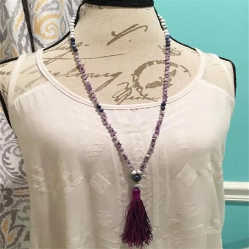 Ожерелье с аметистом и белым драгоценным камнем 6 мм 108 бусин манжета буддизм