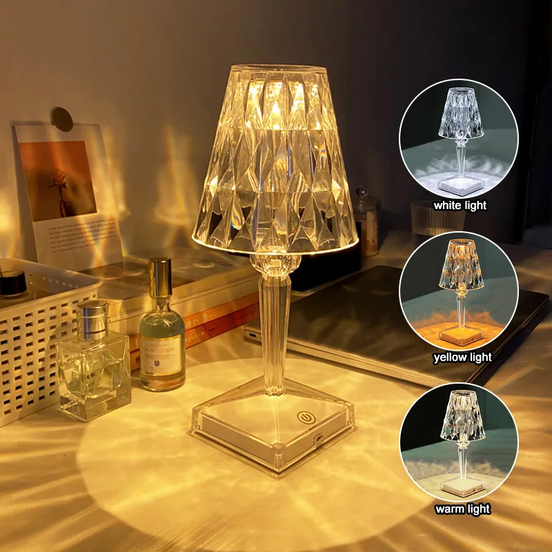 

Diamond Table Desk Lamp USB Rechargeable Acrylic Decorations Bedroom Bedside Bar Crystal Night Light Home Christmas Xmas Gift