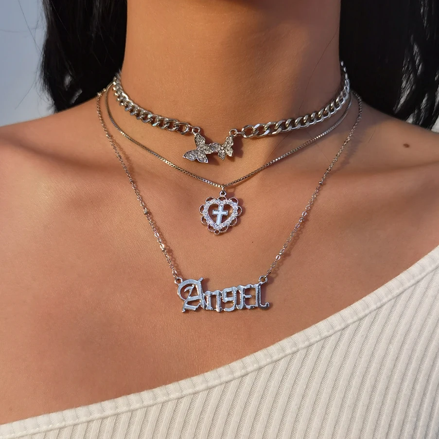 

Pcs/Set Layered Gothic Angel Letter Pedant Necklace for Women Rhinestone Butterfly Choker Necklace Couple Heart Women's Jewelry