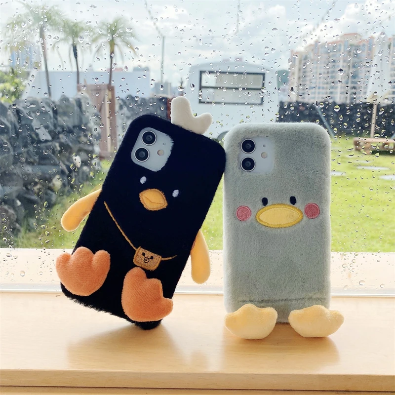 

3D Cartoon Duck Plush Winter Warm Phone Case For iphone 13Pro MAX 13 mini 12Pro XS MAX XR X 7 8 Plus Funny Cute Chick Soft Cover