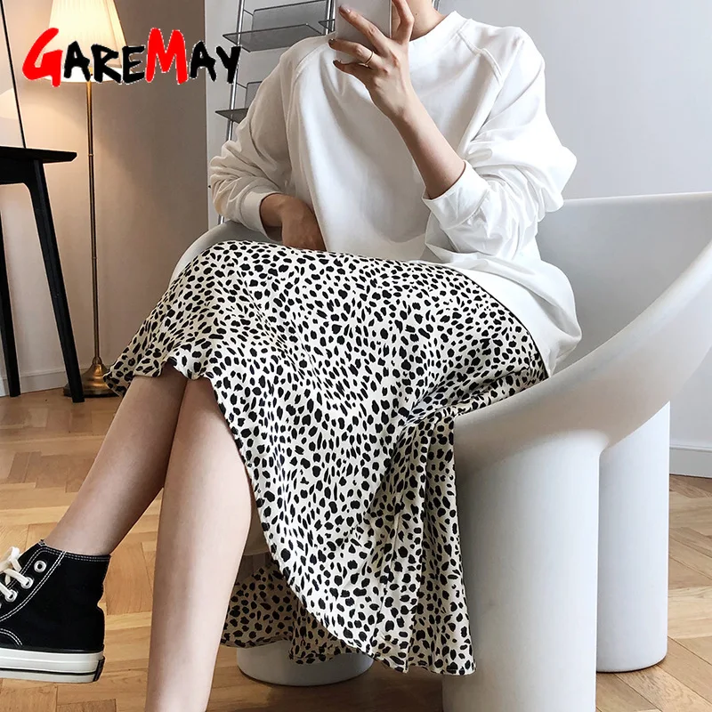 

Women's Silk Satin Skirt Vintage Summer Leopard Skirt Chiffon Elegant Female Korean Style Midi Skirt High-waisted Fo Women