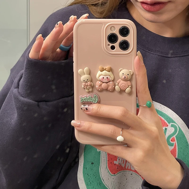 

Japan Korean 3D Bear Rabbit Girl Soft Case for IPhone 13 12 7 8 Plus 11 Pro Max XR X XS Max Lovely Photo Frame Protection Cover