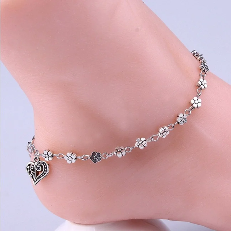 

New Fashion Foot Chain Tibetan Silver Hollow Plum Daisy Flowers Heart-Shaped Anklet for Women