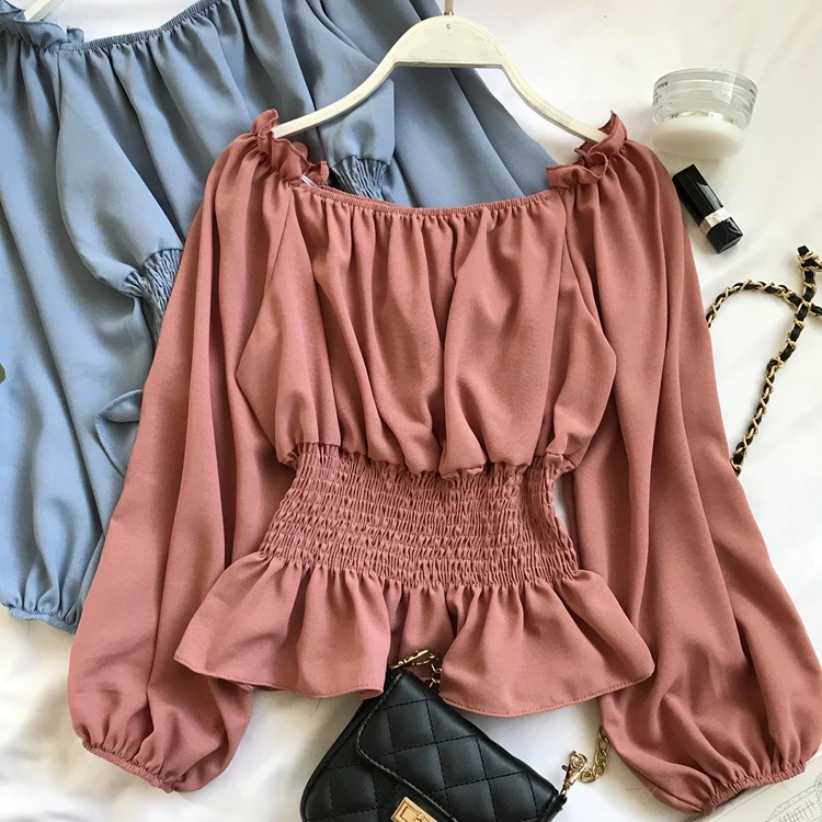 2020 Summer Autumn Women Slash Neck Off Shoulder Chiffon Blouses Elegant Female Puff Sleeve Streetwear Blusas Slim Waist Shirt