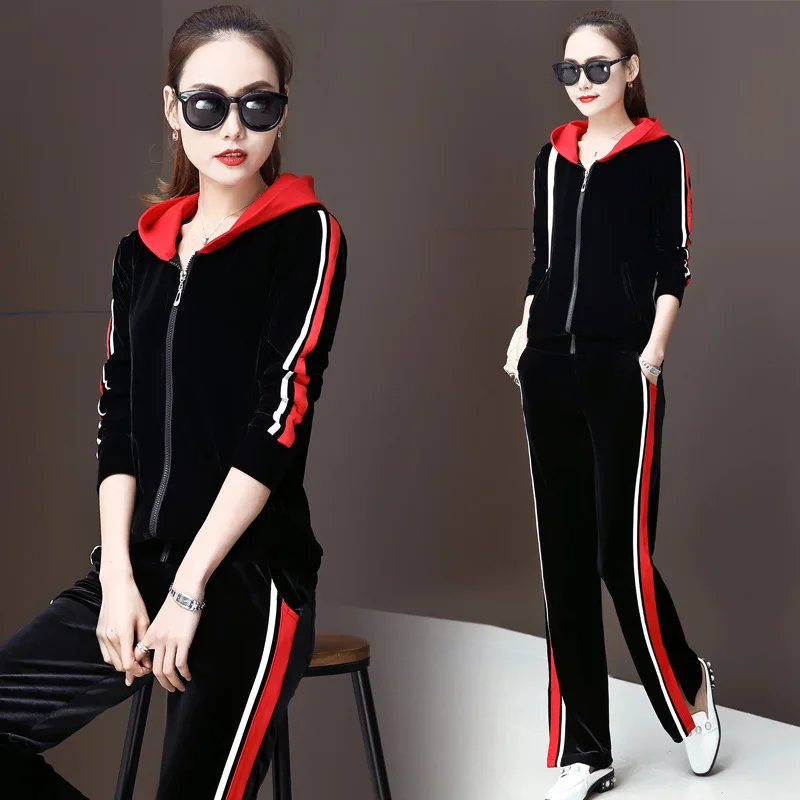 Leisure Velvet Women's 2 Pieces Outfits Zipper Hooded Tops and Spilt Sweat Pants Tracksuit Set Female Sportwear M-3XL |