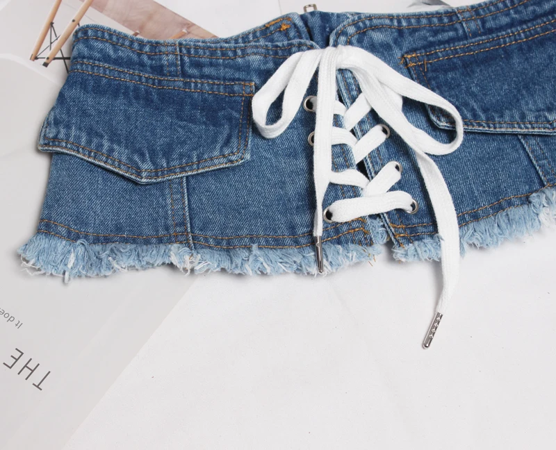 

SeeBeautiful New Fashion Spring 2021 Summer Splice Pockets Lace-up Tassel Irregular Back Zipper Wide Denim Girdle Women Y797