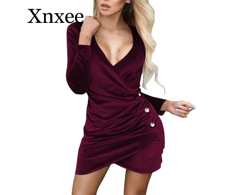 

Spring new women's velvet dress urban sexy V-shaped casual dress irregular wine red dress