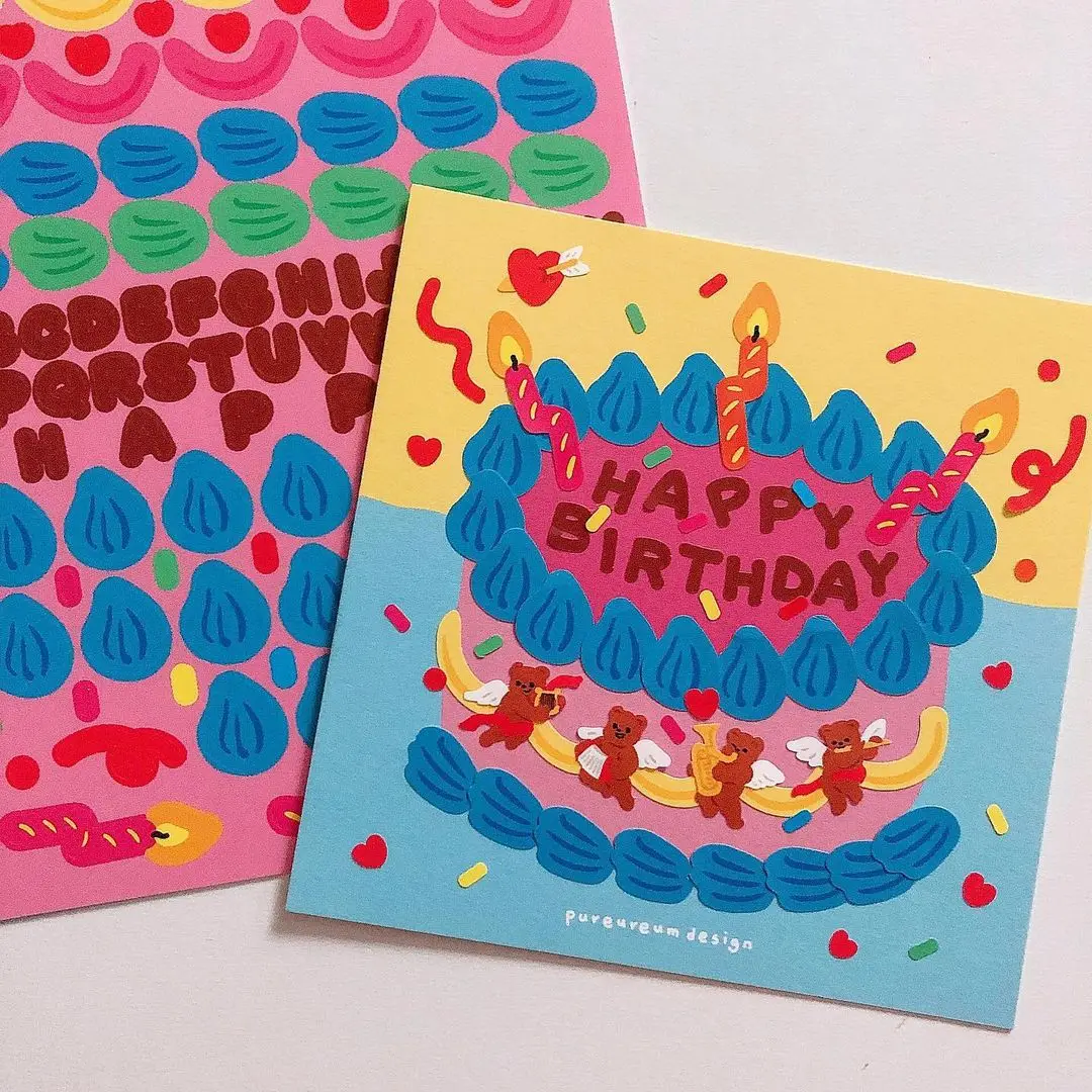 

Korean cute bear birthday cake English letter hand tent decorative sticker birthday card DIY gift cartoon sticker kawaii