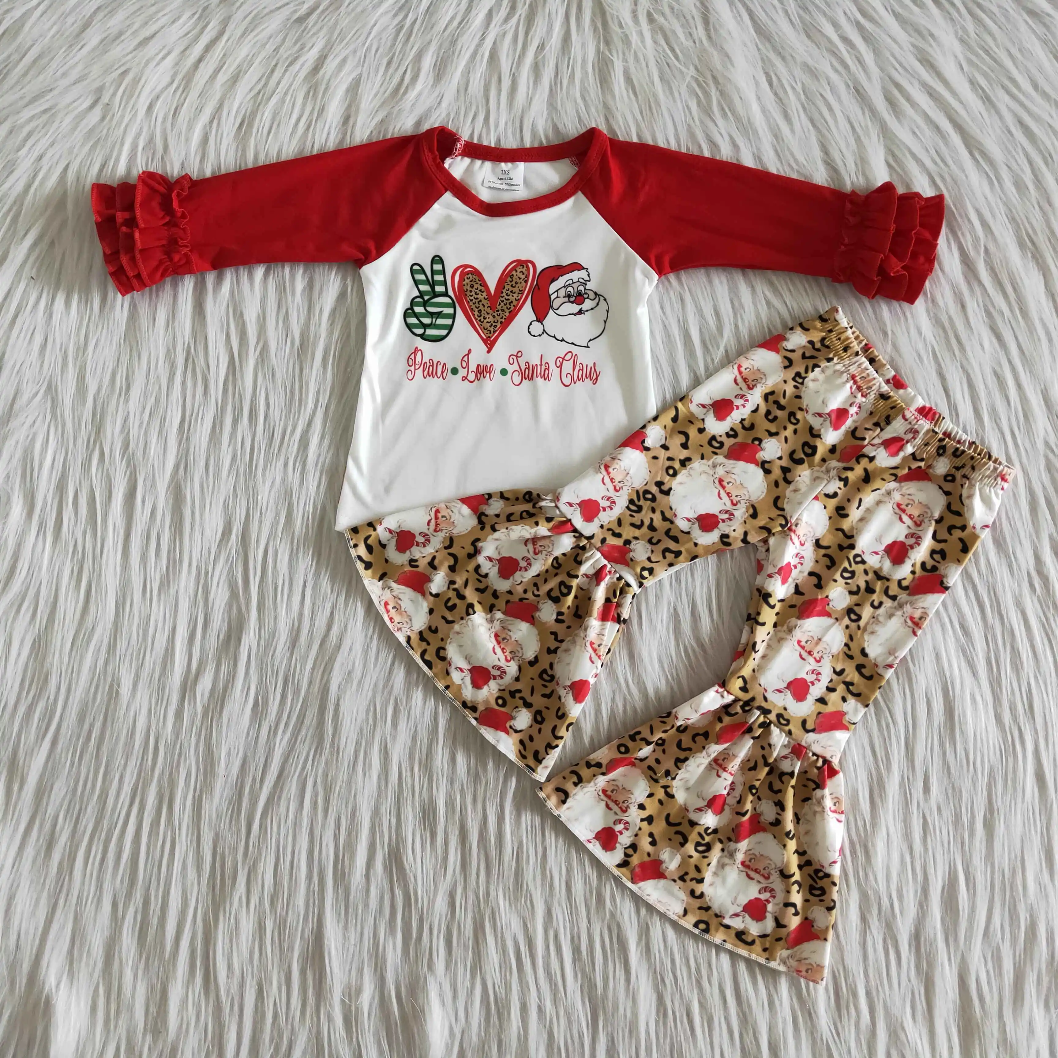 

Girl's outfit Christmas children's clothing peace love Santa girl bell-bottomed fashion personality girl boutique 2-piece set