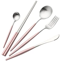 pink silver tableware set stainless steel western steak knife fork coffee spoon teaspoon kitchen chopsticks set gold cutlery set