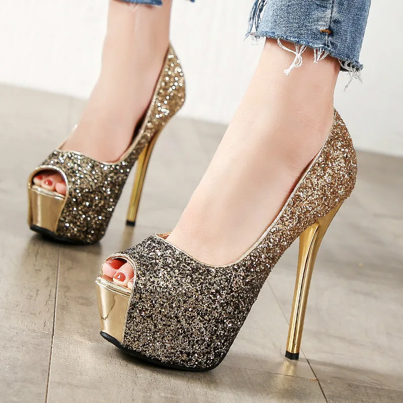 

f54High Heels Platform Heels Shoes Woman Peep Toe Pumps Women Shoes Gold Silver Wedding Shoes Bridal Heels Ladies shoes talon fe