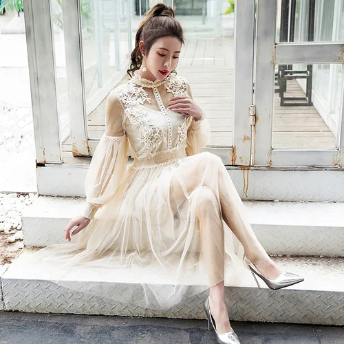2019 New Women Fashion Dress Stand Collar Lantern Sleeve Mesh See-through Lace Embroidery Fairy Femme Vestidos Robe | Женская одежда