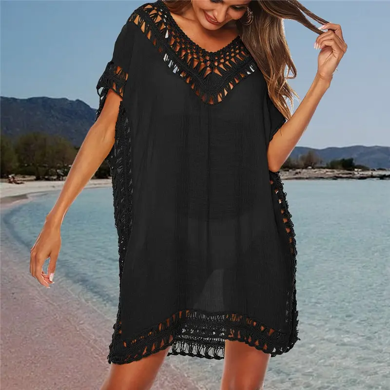 

Sexy Women Loose Beach Mini Dress Solid Cover UP Robe Femme Summer Dress V Neck Beachwear Hollow Out Swimwear Dresses Vestidos