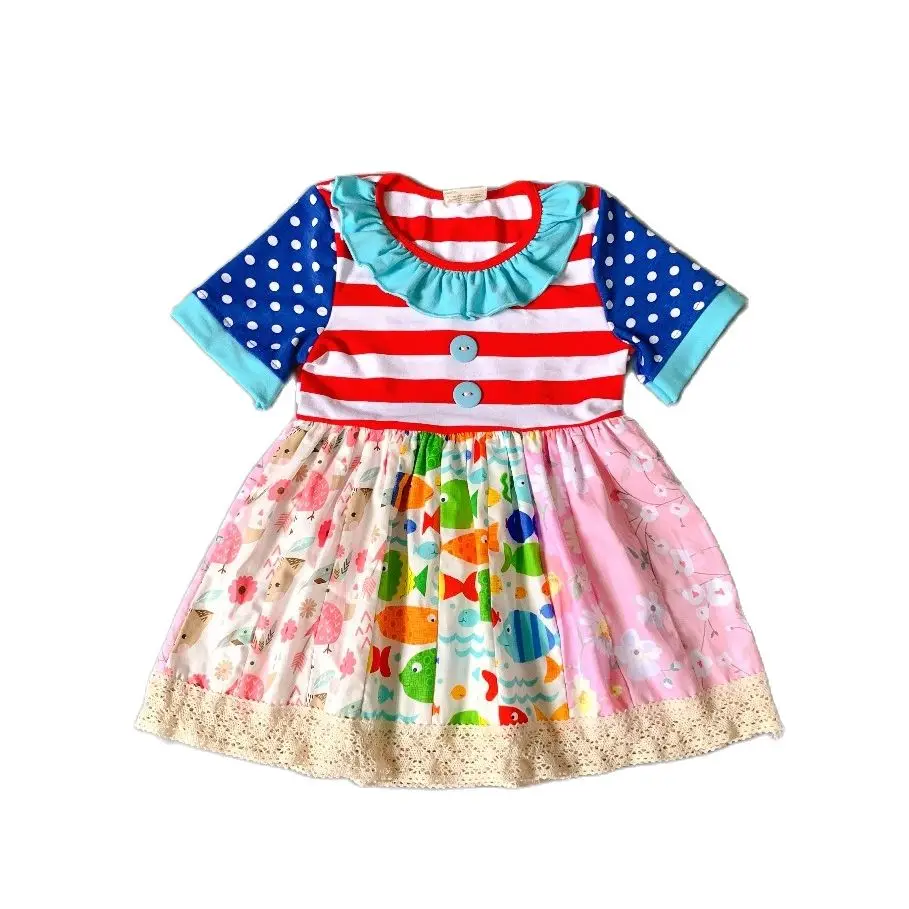 

100% Cotton Toddler Summer Mmulticolor with Print Ruffles Baby Girls Hot Sale New Style Red Streak Dress