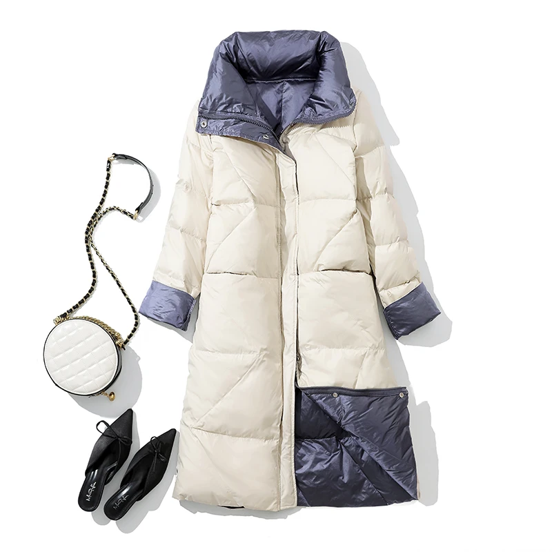 Женская Двухсторонняя куртка на утином пуху черная длинная теплая пуховая парка