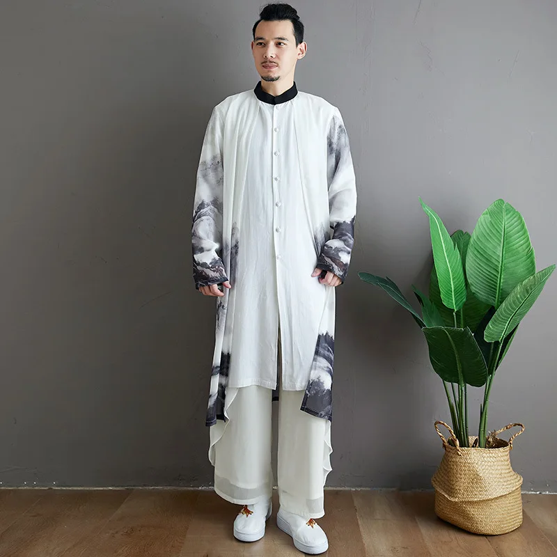 

Landscape Small Bu Kou gown Commission Outer Chiffon Printed Men's clothing Style costumes Kung Fu Hanfu Male Zen hanfu men