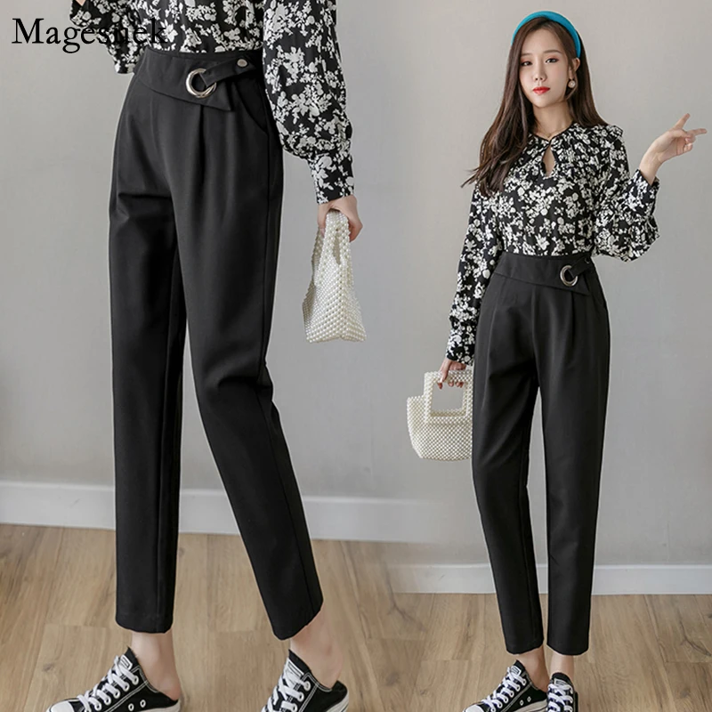 

Женские шаровары с высокой талией, повседневные брюки с карманами, универсальные спортивные брюки, брюки-карандаш черного цвета, модель 2021, ...