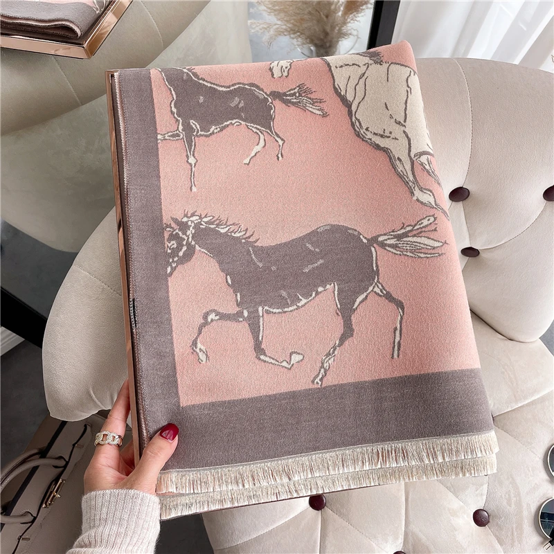 

Horse Print Cashmere Scarf Women Winter Thick Warm Blanket Shawl And Wrap Hijab Bufanda Luxury 2022 Echarpe for Lady Pashmina
