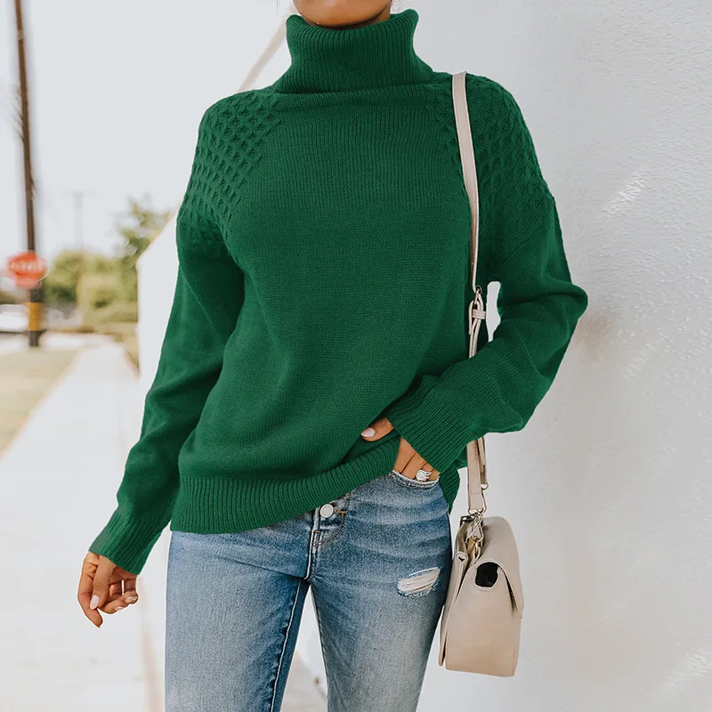

Autumn And Winter New Pullover Knitted Sweater Women Solid Color Sweater High Neck Long Sleeve Shirt Temperament Casual