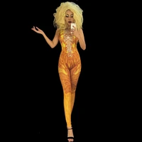 new sexy yellow 3d print feather sparkly rhinestone jumpsuit nightclub rave clothes singer performance stage wear dnv12887