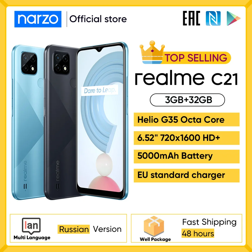 

Russian Version realme C21 Smartphone Helio G35 Octa Core 3/32GB 6.5"display 5000mAh battery 3-Card Slot