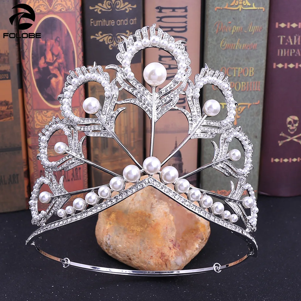 Peacock feather crown bride wedding accessories headwear evening prom party with pearls H1159 | Свадьбы и торжества