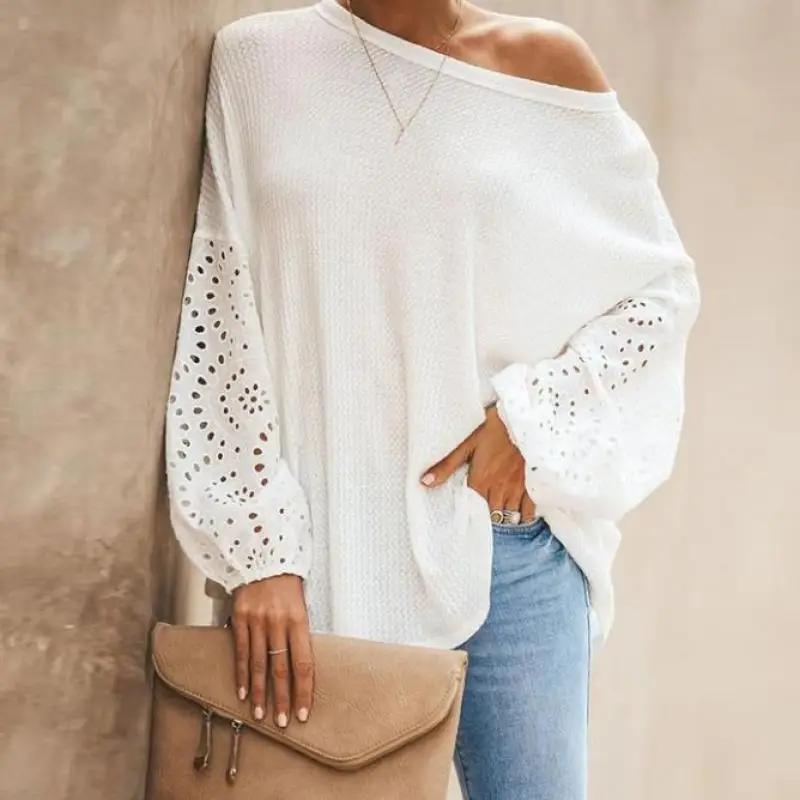 Женская блузка с вышивкой и цветочным принтом косым воротником | одежда