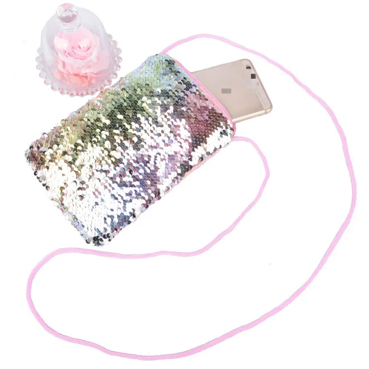 

Mermaid Tail Fashion Sequin Phone Bag Girl Fabric Hanging Neck Sports Bag Vertical Mini Cute Travel Convenient Shoulder Bag