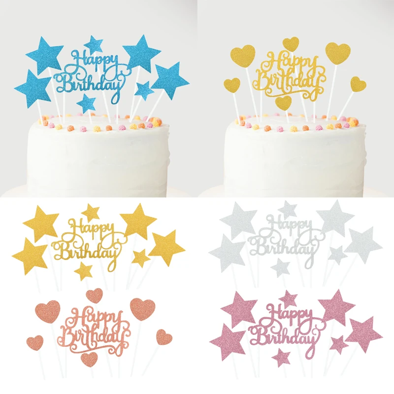 

1 Set Mini Star Heart Cake Topper Glitter Cupcake Flags Picks Adult Kids Birthday Party Cake Decoration Anniversary Supplies