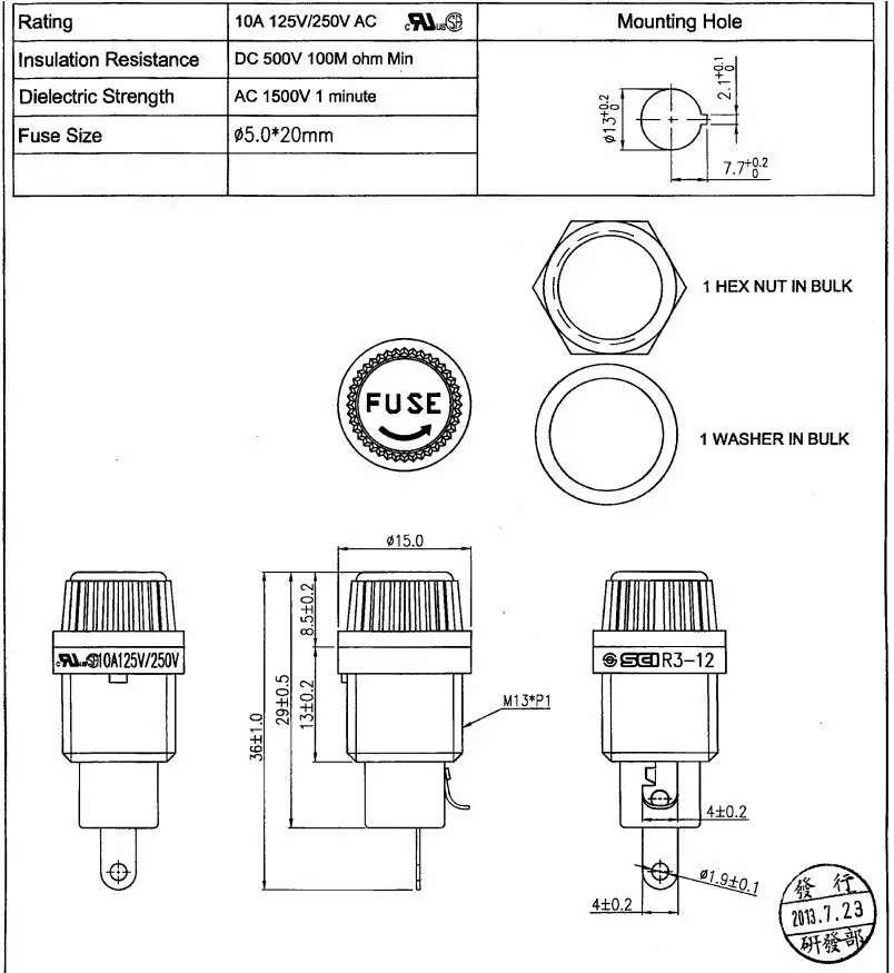 R3-12/Тайвань SCI Держатель предохранителя/фенольные(UL пламя: 94V-1)/10A 250V 5*20 мм/предохранители/2 шт в упаковке/без предохранителя внутри