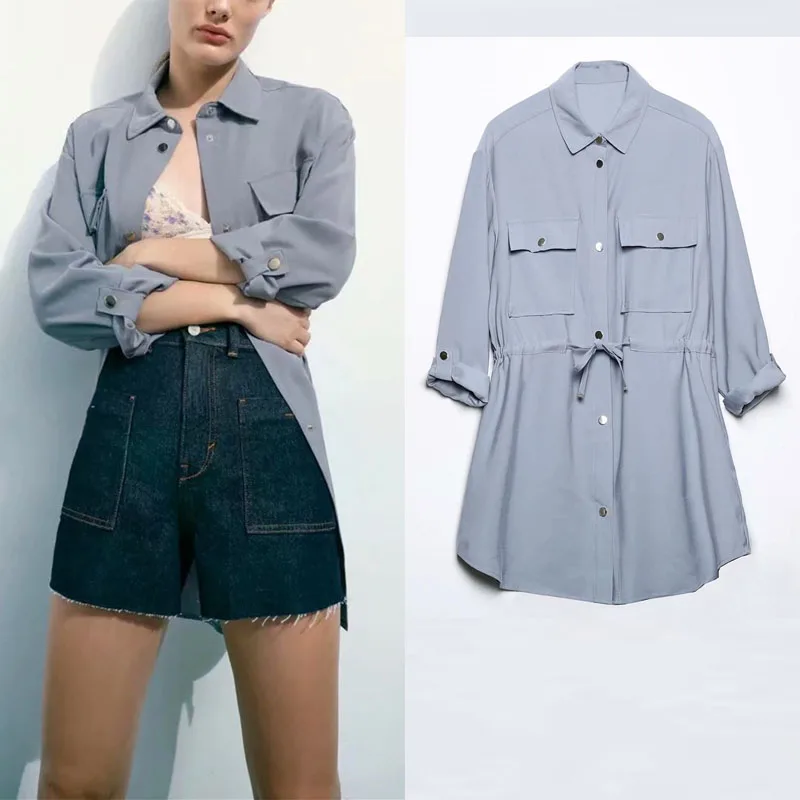 

Za Summer Casual Woman Shirt Coat Lapel Single-breasted Front Pocket Adjustable Waist Tether Long Sleeve Design Chic Long Shirt