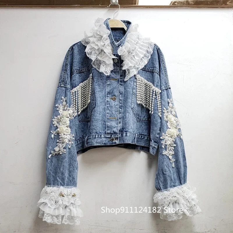 

Free Shipping 2021 New Heavy Industry Denim Beaded Gauze Lace Lotus Leaf Embroidered Diamond Short Top Coat Female