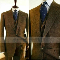 tuxedo terno brown herringbone tweed 3 pieces mens blazer with pant single breasted male fashional notch lapel wedding suit 2021