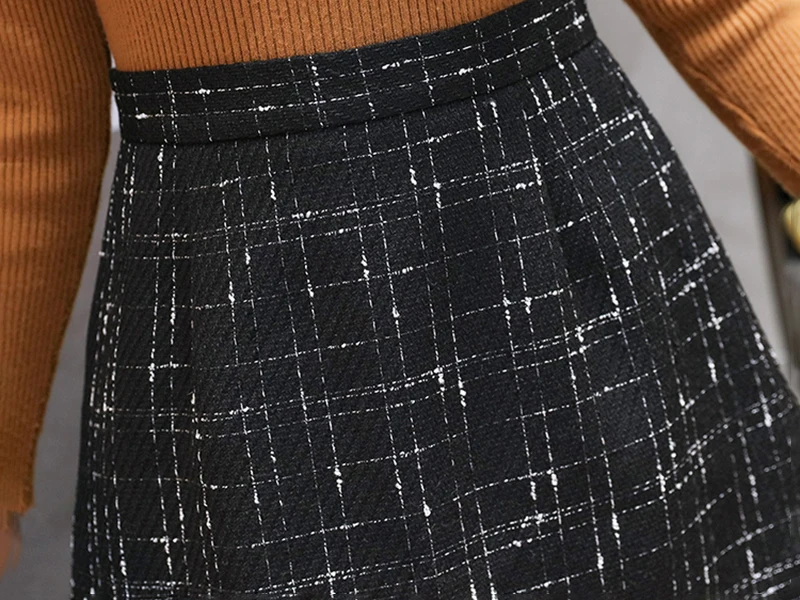 Юбка женская твидовая в клетку винтажная свободная шерстяная юбка-Русалка