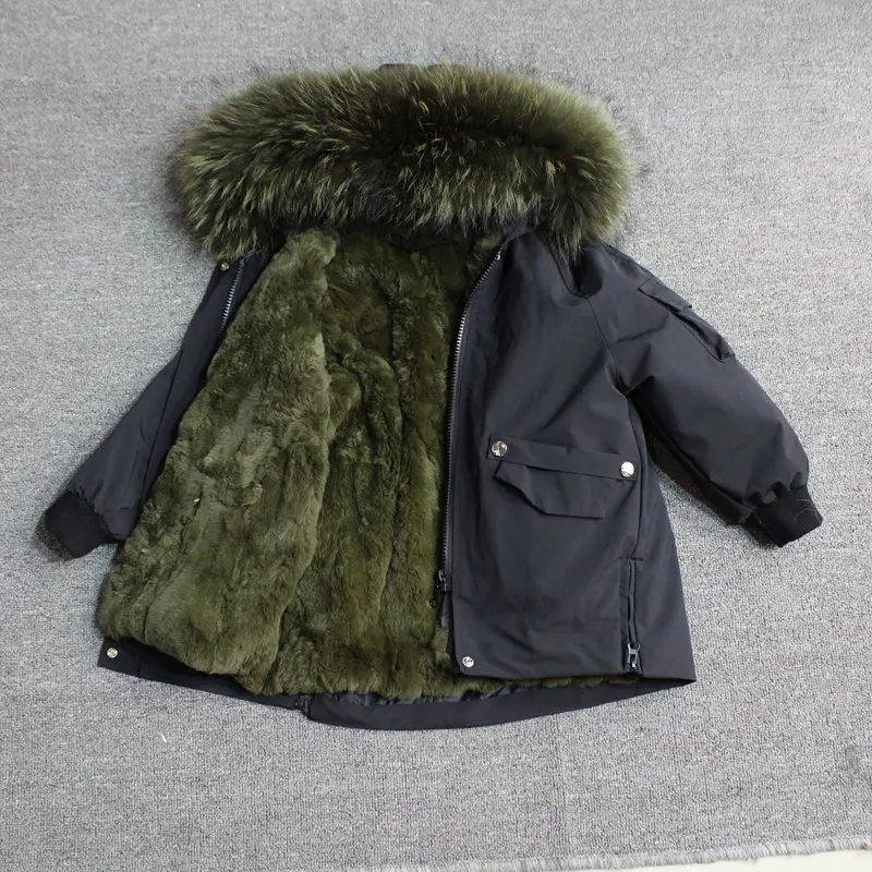black army green Для маленьких мальчиков детская зимняя куртка, детская куртка-пуховик для девочек зимняя куртка для детей в Зимняя куртка для девочек и мальчиков детские линией натурального меха кролика, парка, пальто - Цвет: black army green