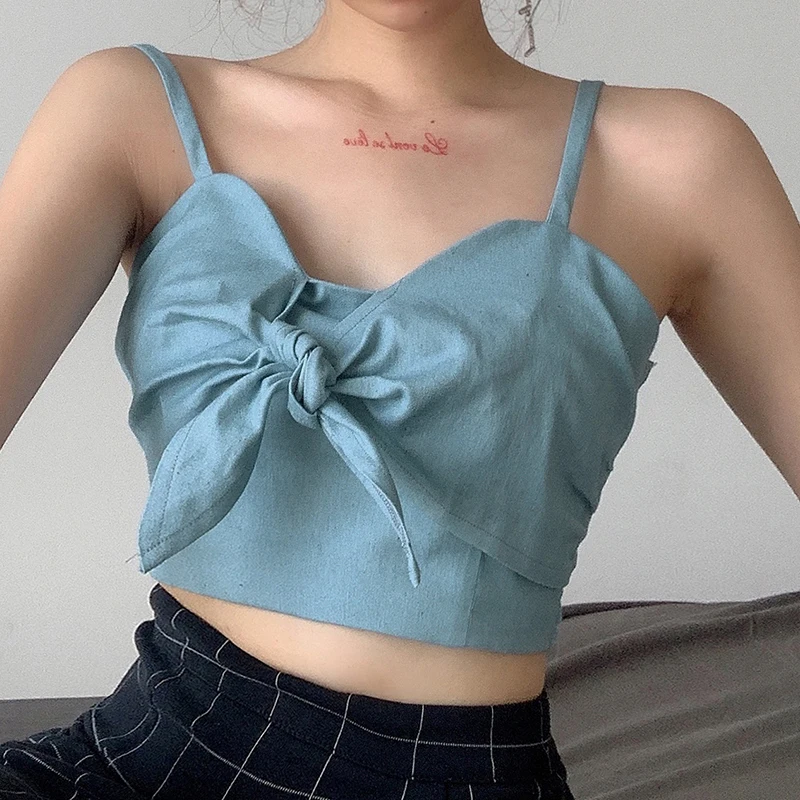 Женский укороченный топ с бантом спереди джинсовая майка женская летняя одежда