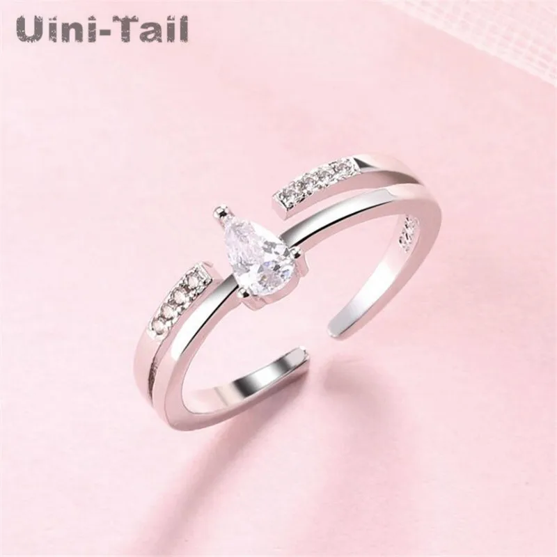 

Uini-Tail hot new 925 sterling silver water droplets micro-insert opening ring fashion tide flow adjustable double ring ED439