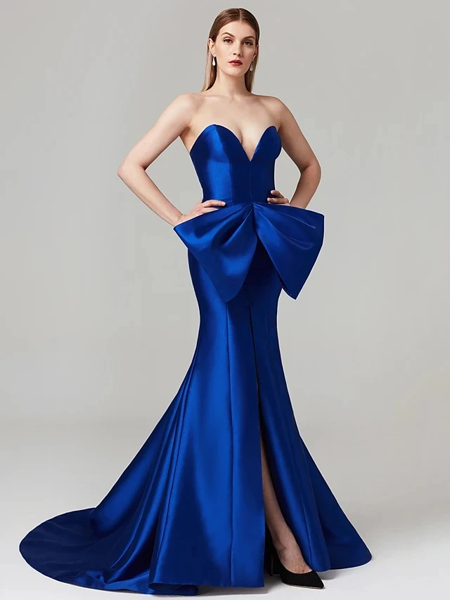 

Royal Blue Split Mermaid Formal Evening Dresses 2021 Court Train Satin Bow Celebrity Gala Wear Prom Party Gown Custom Made