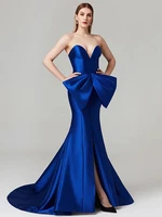 royal blue split mermaid formal evening dresses 2021 court train satin bow celebrity gala wear prom party gown custom made