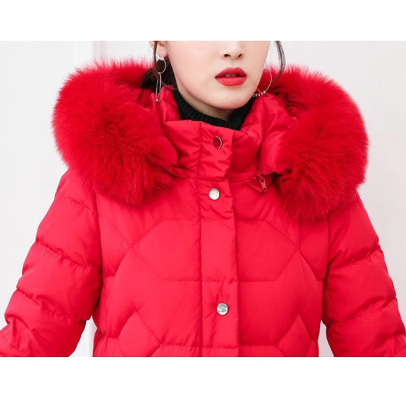 Женский зимний пуховик с капюшоном длинная парка воротником из натурального