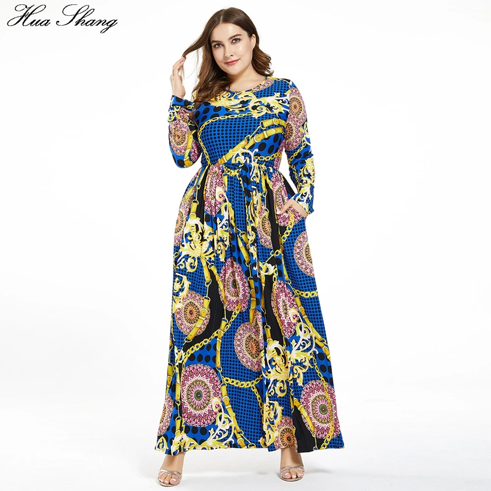 

2020 Spring Autumn Women Dress Plus Size 6XL Female Long Sleeve Retro Printing Vintage Dress Pockets Maxi Long Dresses