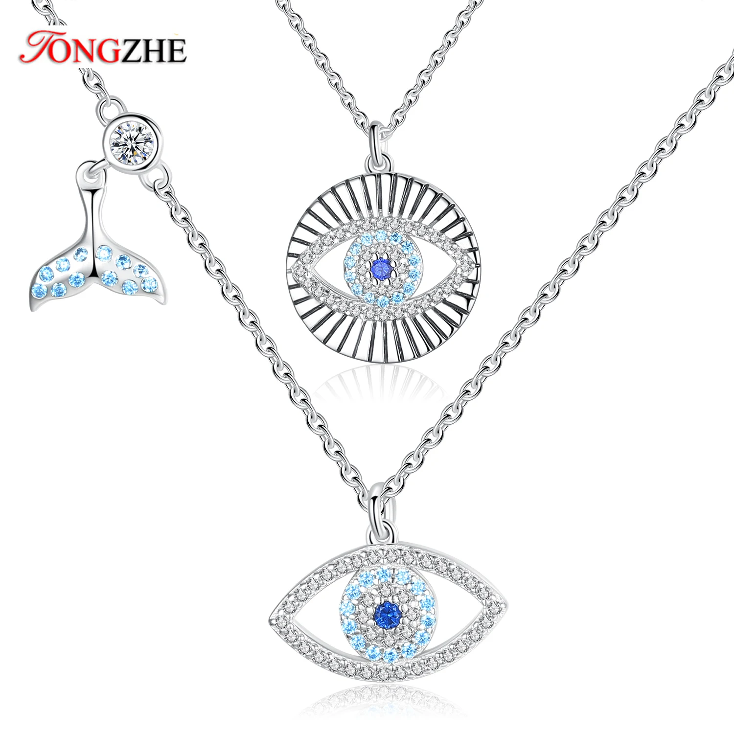 

TONGZHE Fishtail Lucky Evil Eye CZ 925 Sterling Silver Necklace Women Blue Crystal Pendant Turkey Jewelry Wholesale Lots Bulk
