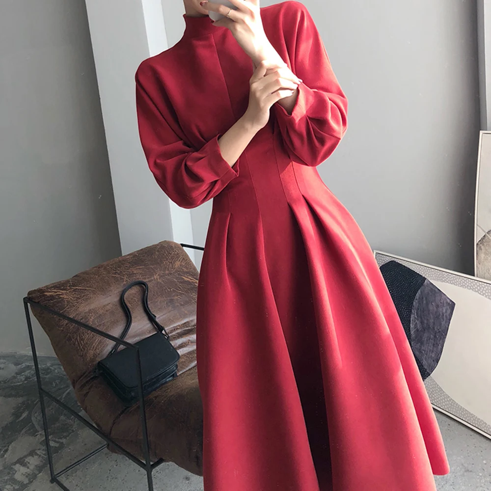Осеннее элегантное платье в Корейском стиле с воротником стойкой винтажном