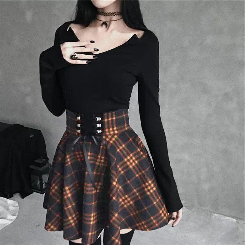 

Gothic Plaid Mini Skirt Women Vintage Lace Up High Waist Draped A-Line Pleated Skirts Casual Plus Size Women's Cloth Jupe Femme