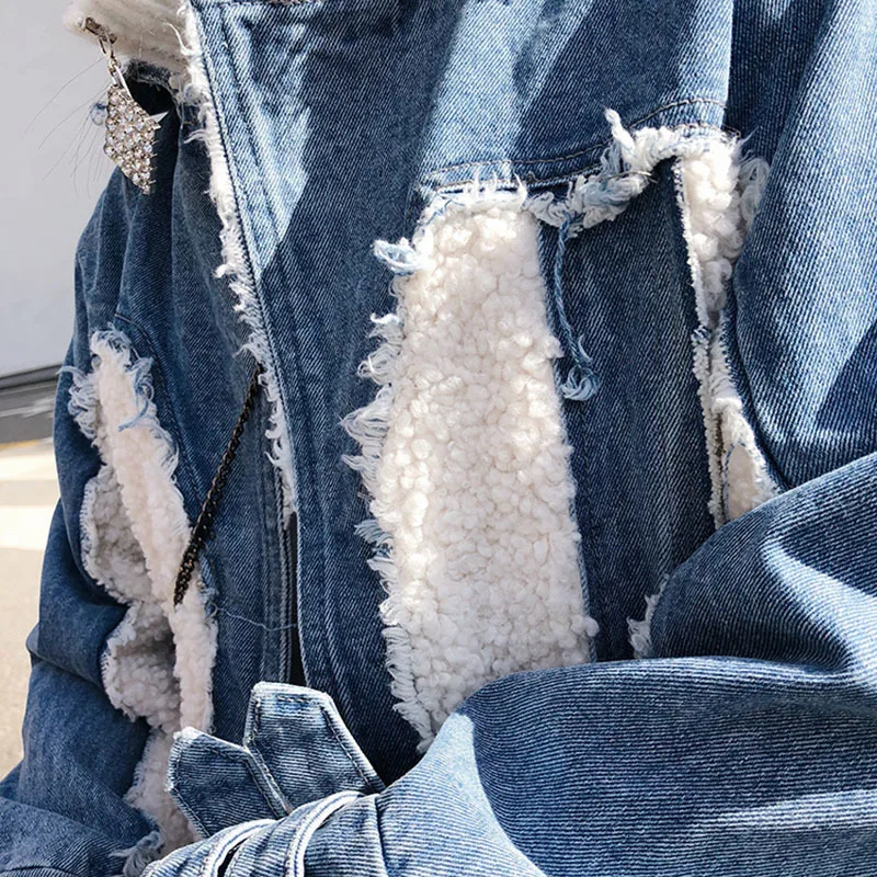 TWOTWINSTYLE Hit Color Patchwork Denim Tassel Trench Coats For Women Lapel Collar High Waist Sashes Windbreakers Autumn New